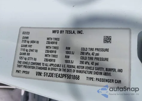 2023 Tesla Model 3 Rear-Wheel Drive из США, поврежденный, VIN 5YJ3E1EA3PF501868